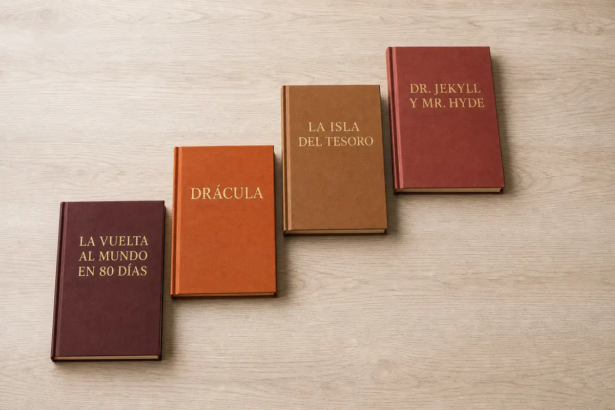 Cuatro libros encuadernados en tela sobre una mesa de roble claro, con los títulos La vuelta al mundo en 80 días, Drácula, La isla del tesoro y Dr. Jekyll y Mr. Hyde.