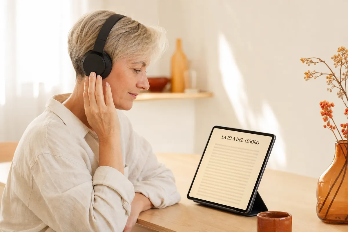 Una mujer con auriculares escucha La isla del tesoro en una tableta apoyada sobre la mesa.
